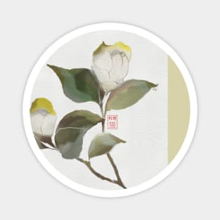 White watercolor and sumiE ink camellias Magnet